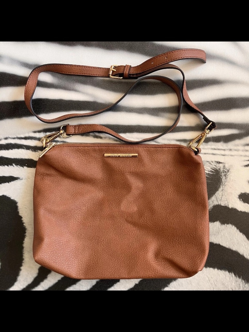 Steve Madden Cognac Brown Faux Leather Crossbody Bag Gold Hardware